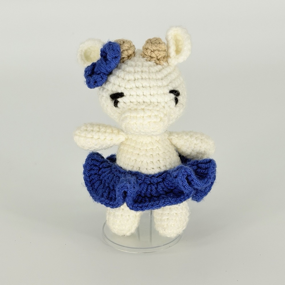 Handmade Crochet Cow Plush Stuffed Animal 8" Amigurumi Blue Skirt